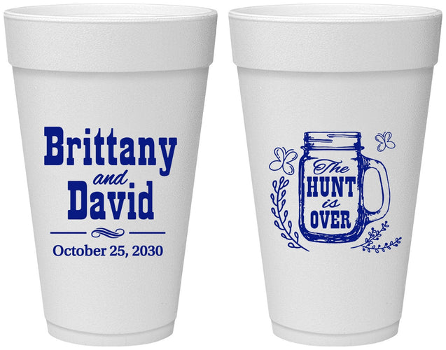 Personalized Wedding 20 oz Foam Cups - The Hunt Is Over Mason Jar | 223