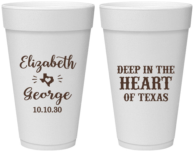 Personalized Wedding 20 oz Foam Cups - Deep In The Heart Of Texas | 237