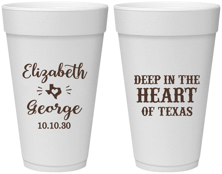 Personalized Wedding 20 oz Foam Cups - Deep In The Heart Of Texas | 237