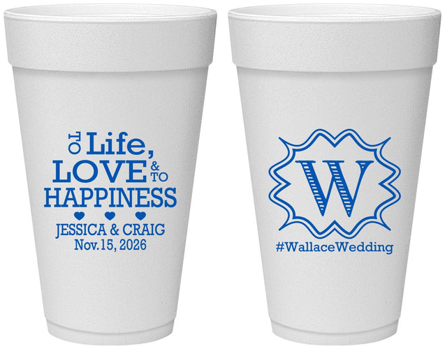 Personalized Wedding 20 oz Foam Cups - Life Love Happiness | 248