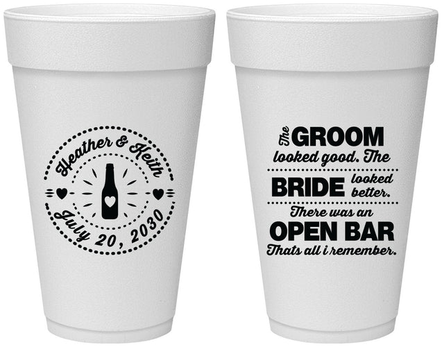 Personalized Wedding 20 oz Foam Cups - Groom Bride Open Bar | 253