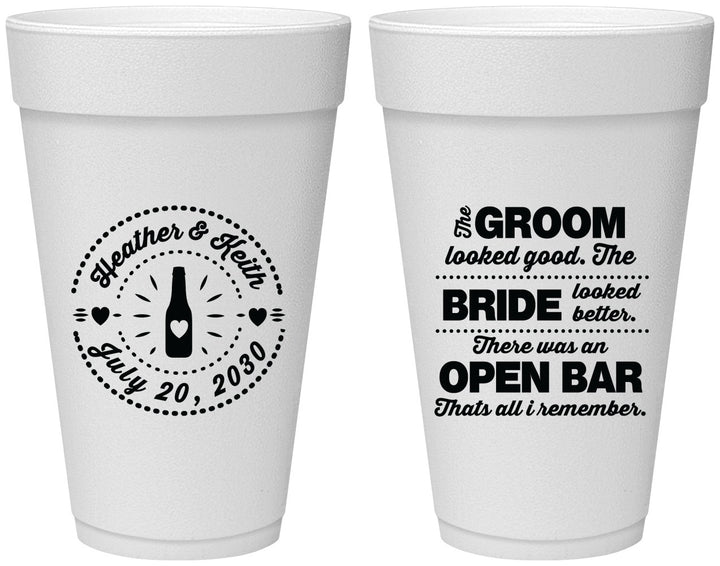 Personalized Wedding 20 oz Foam Cups - Groom Bride Open Bar | 253