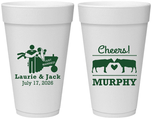Personalized Wedding 20 oz Foam Cups - Tractor Cows | 257