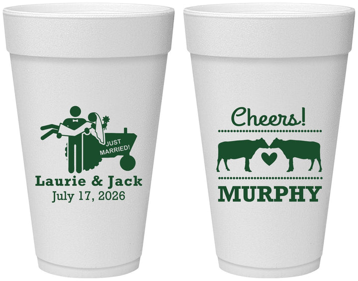 Personalized Wedding 20 oz Foam Cups - Tractor Cows | 257