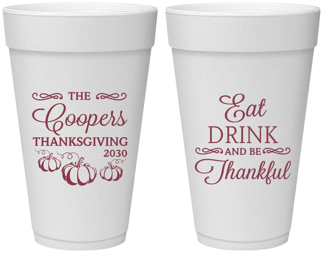 Personalized Thanksgiving 20 oz Foam Cups - Eat Drink Thankful | 260009
