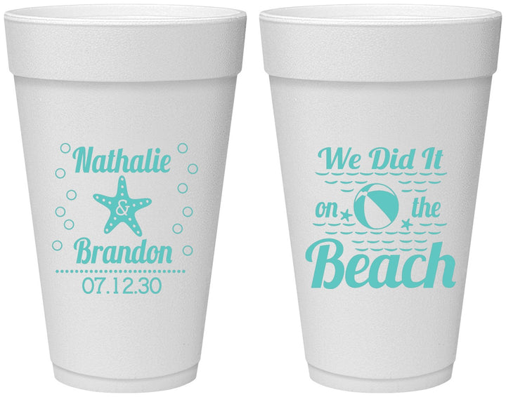 Personalized Wedding 20 oz Foam Cups - We Did It On The Beach | 287