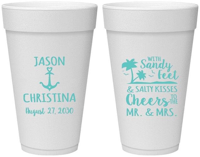 Personalized Wedding 20 oz Foam Cups - Sandy Feet Salty Kisses | 290