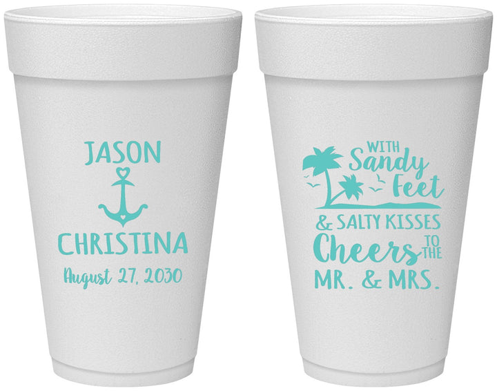 Personalized Wedding 20 oz Foam Cups - Sandy Feet Salty Kisses | 290