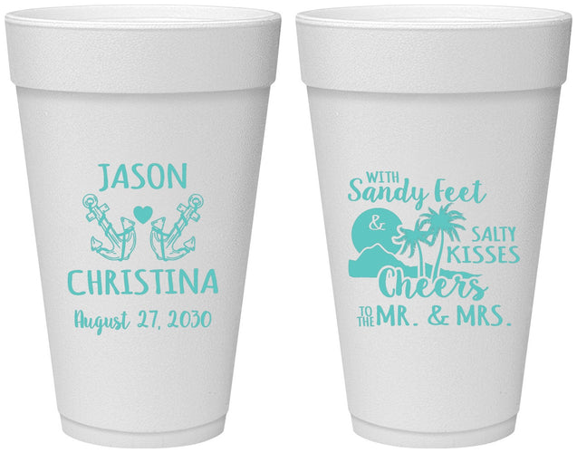 Personalized Wedding 20 oz Foam Cups - Sandy Feet Salty Kisses | 291