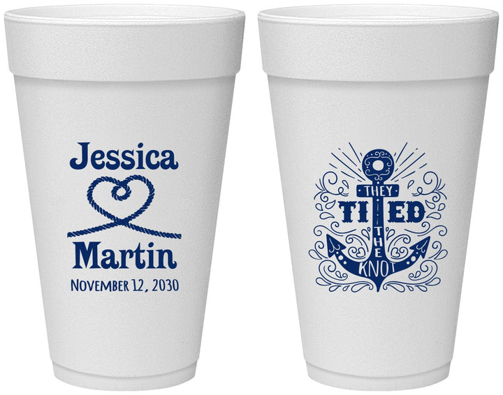 Personalized Wedding 20 oz Foam Cups - They Tied The Knot Nautical | 293