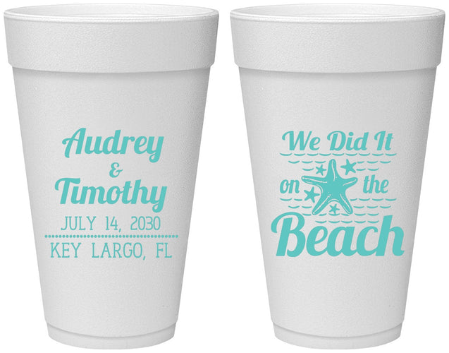 Personalized Wedding 20 oz Foam Cups - We Did It On The Beach | 294