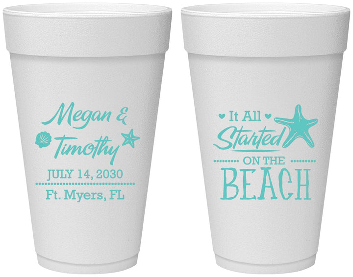 Personalized Wedding 20 oz Foam Cups - Started On The Beach | 295