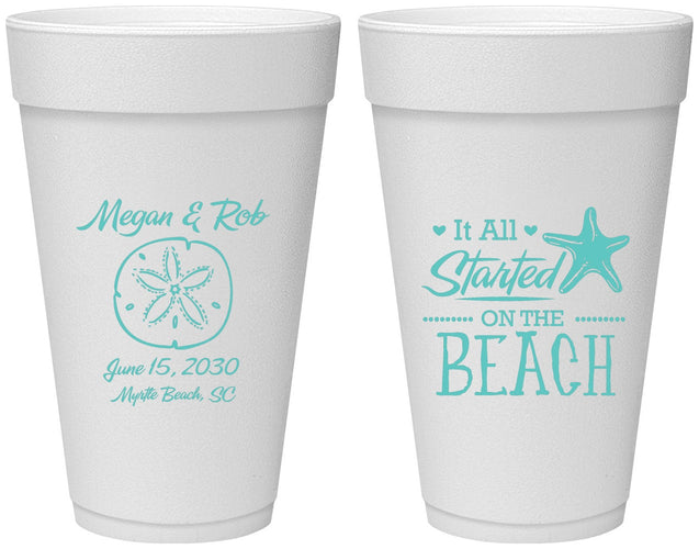 Personalized Wedding 20 oz Foam Cups - Started On The Beach | 298