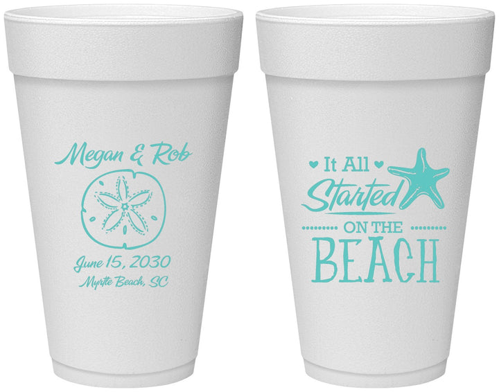 Personalized Wedding 20 oz Foam Cups - Started On The Beach | 298