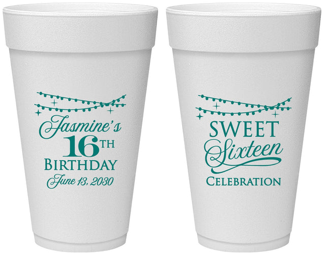 Personalized 16th Birthday 20 oz Foam Cups - String Lights | 300009