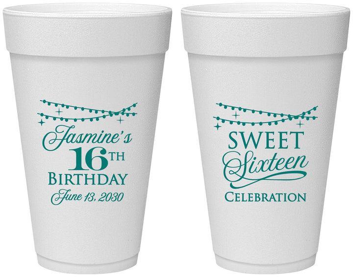 Personalized 16th Birthday 20 oz Foam Cups - String Lights | 300009