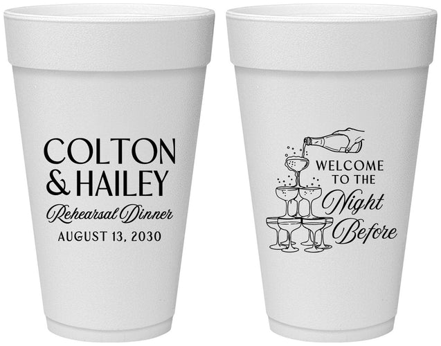 Personalized Rehearsal Dinner 20 oz Foam Cups - The Night Before | 30007