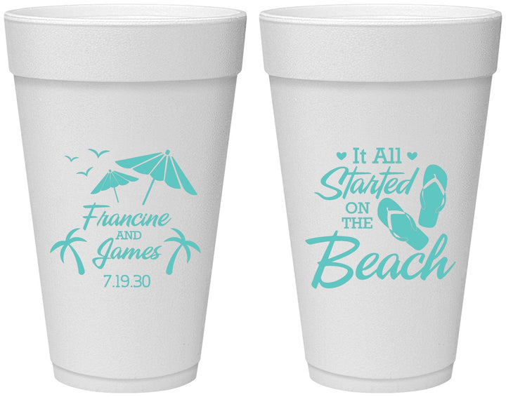 Personalized Wedding 20 oz Foam Cups - Started On The Beach | 310