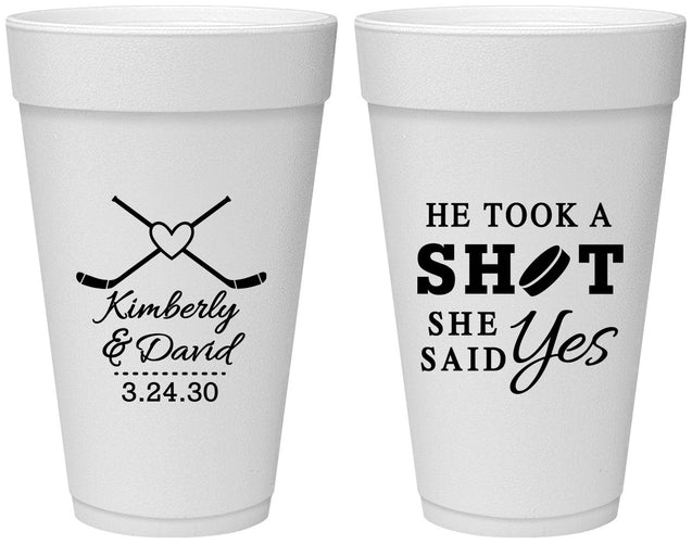 Personalized Wedding 20 oz Foam Cups - Took A Shot Hockey | 323
