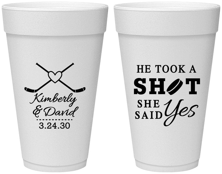 Personalized Wedding 20 oz Foam Cups - Took A Shot Hockey | 323
