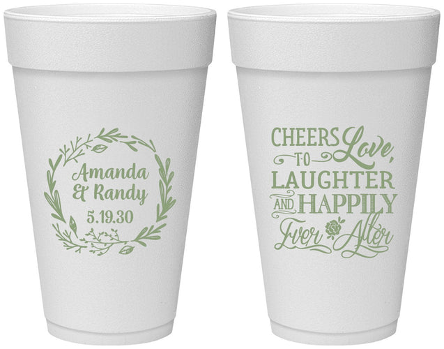 Personalized Wedding 20 oz Foam Cups - Love Laughter Happily | 326
