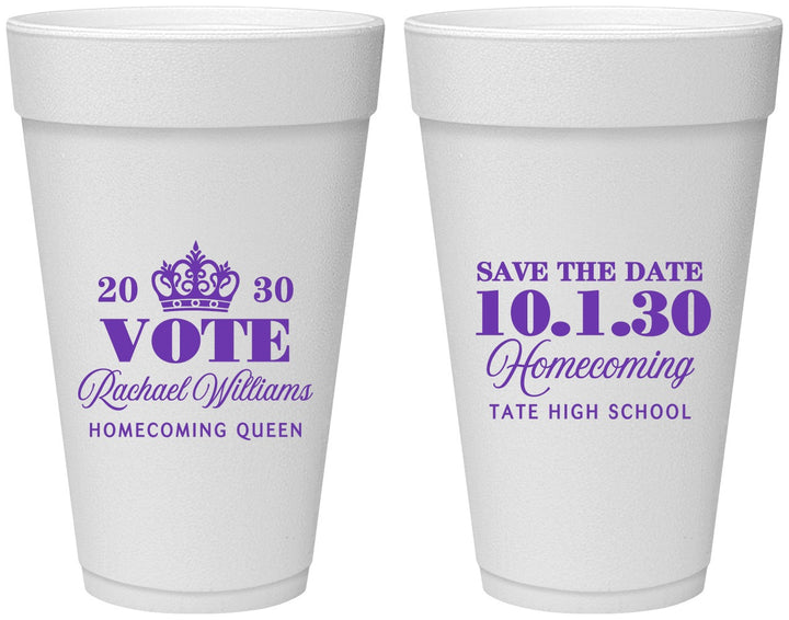 Personalized Homecoming 20 oz Foam Cups - Hoco Queen Vote | 330020