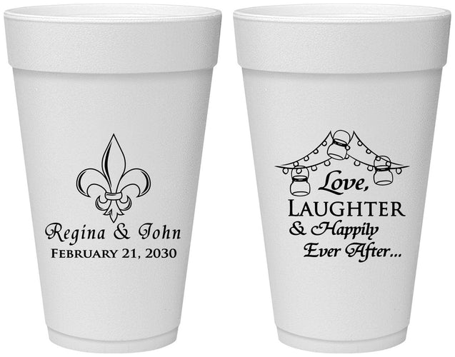 Personalized Wedding 20 oz Foam Cups - Love Laughter Happily | 338