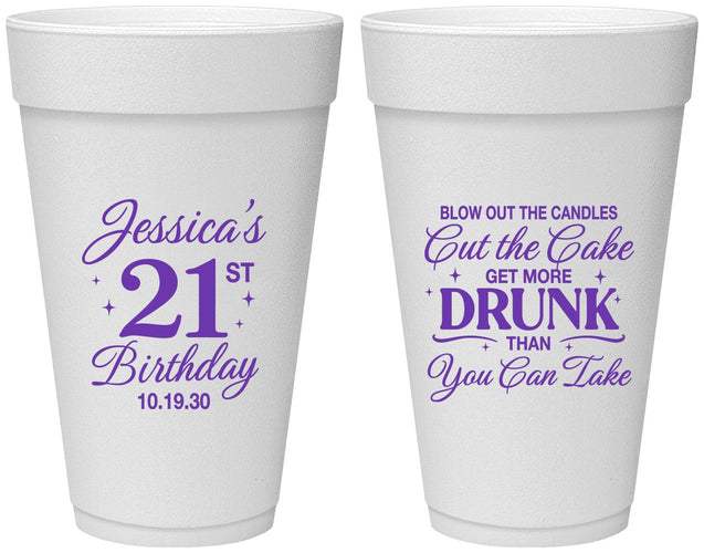 Personalized 21st Birthday 20 oz Foam Cups - Candles Cake Drunk | 340010