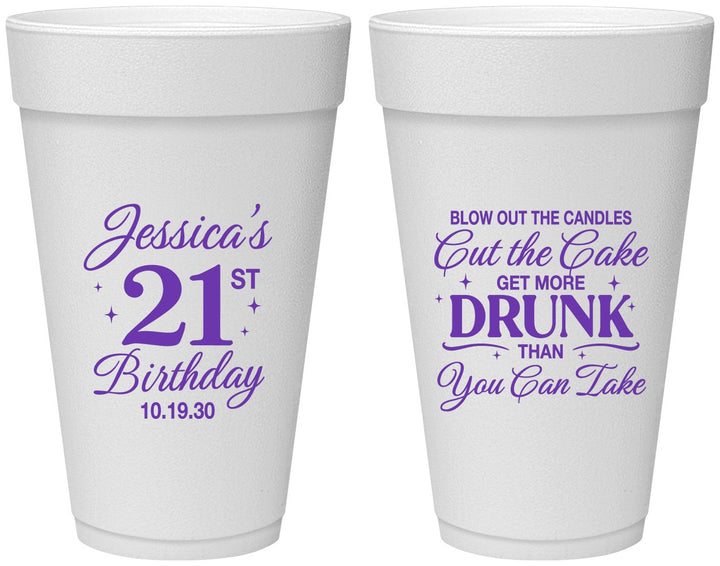 Personalized 21st Birthday 20 oz Foam Cups - Candles Cake Drunk | 340010