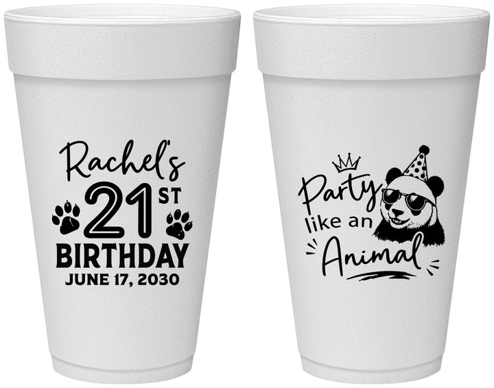 Personalized 21st Birthday 20 oz Foam Cups - Party Like An Animal Panda | 340021