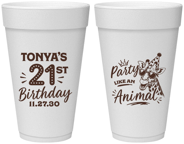Personalized 21st Birthday 20 oz Foam Cups - Party Like An Animal Giraffe | 340022