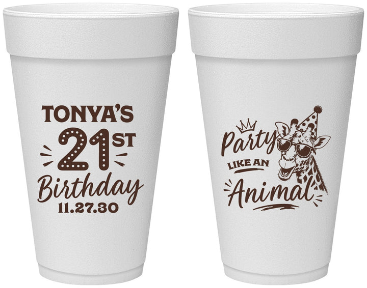 Personalized 21st Birthday 20 oz Foam Cups - Party Like An Animal Giraffe | 340022