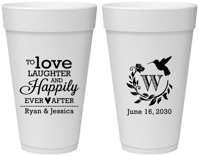 Personalized Wedding 20 oz Foam Cups - Love Laughter Happily | 345