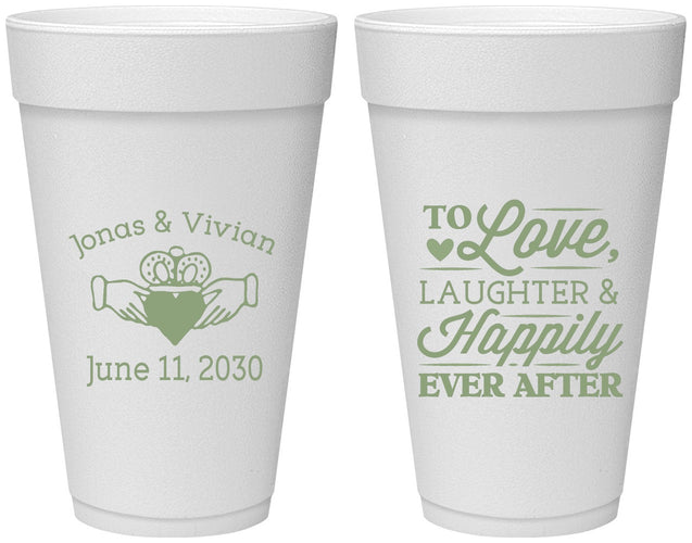 Personalized Wedding 20 oz Foam Cups - Love Laughter Happily | 346