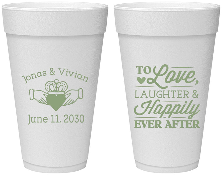 Personalized Wedding 20 oz Foam Cups - Love Laughter Happily | 346