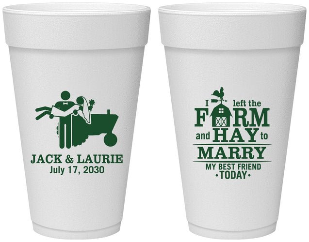 Personalized Wedding 20 oz Foam Cups - Left The Farm Tractor | 347