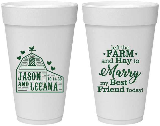 Personalized Wedding 20 oz Foam Cups - Left The Farm Tractor | 352