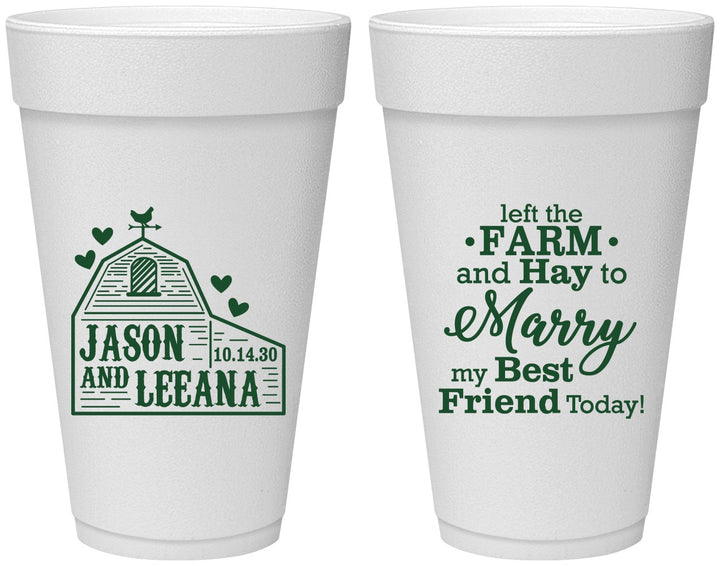 Personalized Wedding 20 oz Foam Cups - Left The Farm Tractor | 352