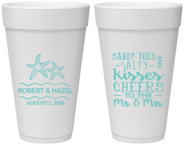 Personalized Wedding 20 oz Foam Cups - Sandy Feet Salty Kisses | 356