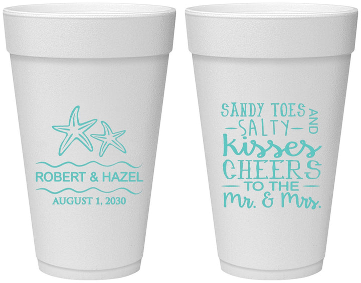 Personalized Wedding 20 oz Foam Cups - Sandy Feet Salty Kisses | 356