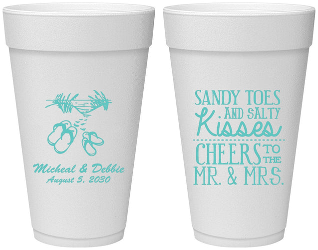 Personalized Wedding 20 oz Foam Cups - Sandy Feet Salty Kisses | 357