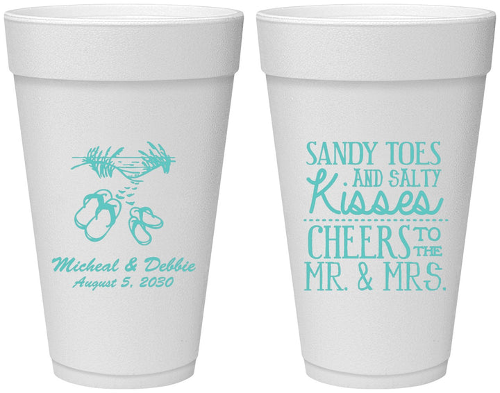 Personalized Wedding 20 oz Foam Cups - Sandy Feet Salty Kisses | 357