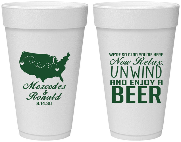 Personalized Wedding 20 oz Foam Cups - Relax Unwind Enjoy Beer | 360