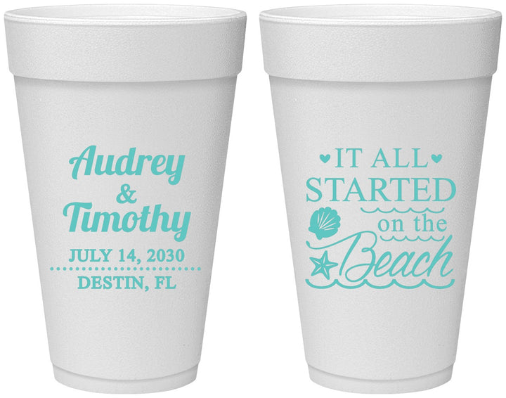 Personalized Wedding 20 oz Foam Cups - Started On The Beach | 361