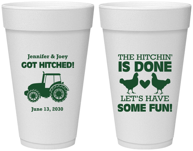 Personalized Wedding 20 oz Foam Cups - Got Hitched Tractor | 397