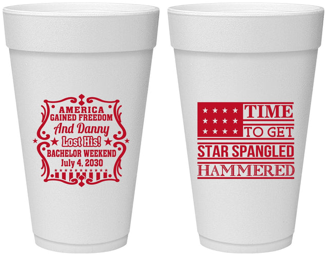 Personalized Bachelor Party 20 oz Foam Cups - Star Spangled Hammered | 40032