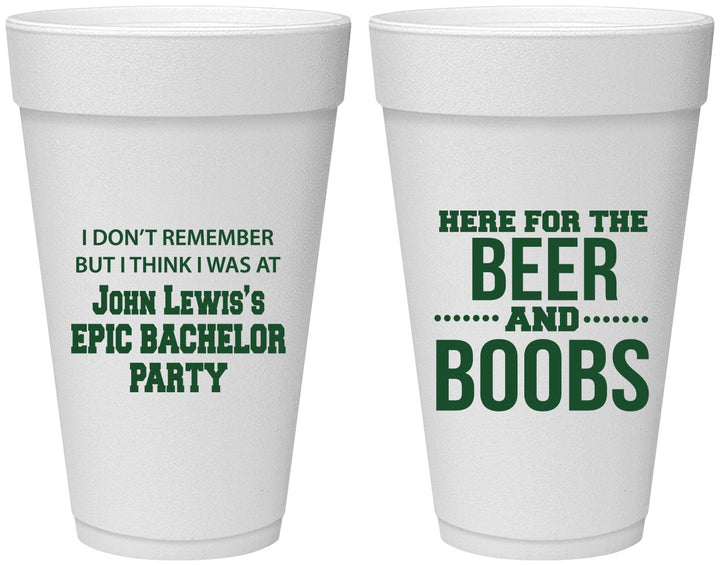 Personalized Bachelor Party 20 oz Foam Cups - Beer And Boobs | 40039