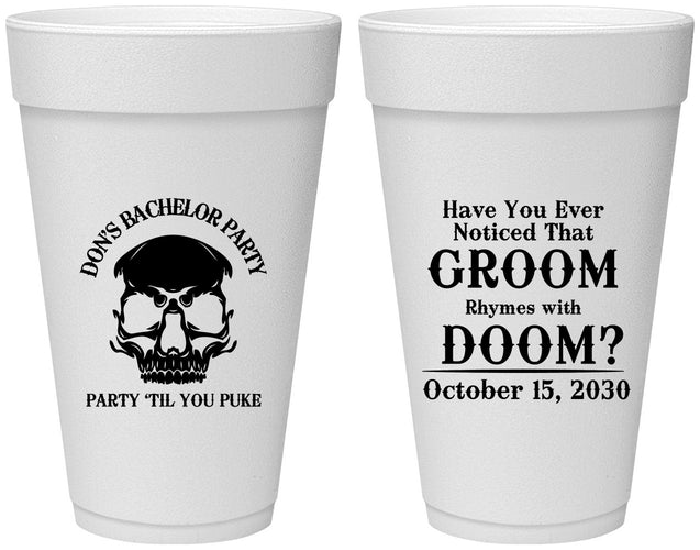 Personalized Bachelor Party 20 oz Foam Cups - Groom Doom Skull | 40041