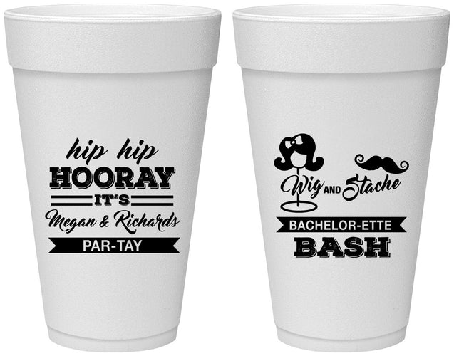 Personalized Bachelor Party 20 oz Foam Cups - Wig Or Stache | 40058