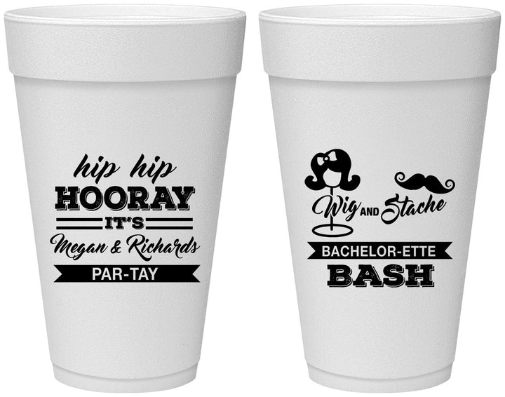 Personalized Bachelor Party 20 oz Foam Cups - Wig Or Stache | 40058
